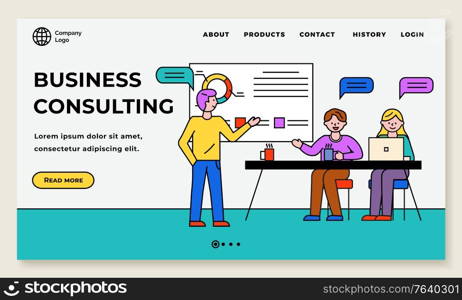 Business consulting, man teaching workers at seminar. Whiteboard with diagrams and structured information. Colleagues with laptops discussing information from board, website template, page vector. Business Consulting Conference of People in Office