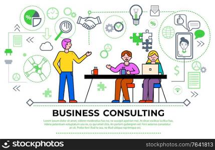 Business consulting meeting of workers, businesspeople brainstorming and discussing problems. Man and woman with laptop and tutor. Diagrams and charts, gears and magnifying glass icon vector. Business Consulting People at Seminar Meeting