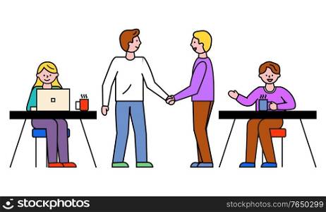 Business consulting of man and woman communication with computer. Men colleagues shaking hands, people discussion work in office. Outline of employees and professional development on workplace vector. Worker Business Consulting and Partnership Vector