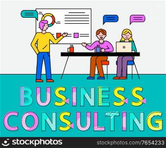 Business consulting, people sitting by table with laptop. Whiteboard with flow charts and information. Planning of new strategy and development. Presentation with visualized data vector illustration. Business Consulting Meeting of Character Vector