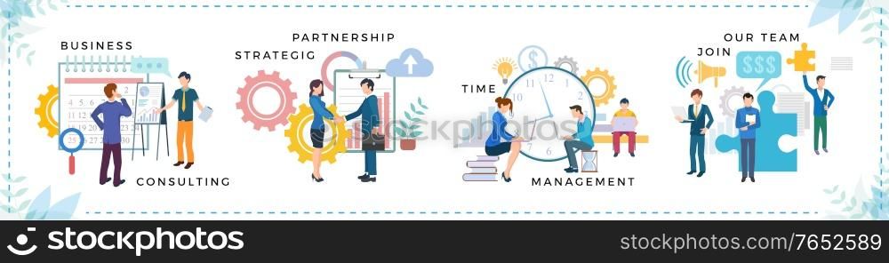 Business consulting strategic partnership time management join our team. People shaking hands, discussing work and communication with computer. Man and woman brainstorming and presenting vector. Worker Partnership and Business Strategic Vector