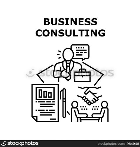 Business Consulting Vector Icon Concept. Business Consulting And Professional Advice Of Businessman Consultant, Researching Financial Document And Agreement. Planning Strategy Black Illustration. Business Consulting Concept Black Illustration