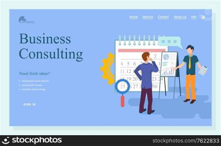 Business consulting webpage, researching strategy. Businessman cooperation, consultant and solution service, people communication technology vector. Website template, people near clipboard. Researching Technology, Business Consulting Vector