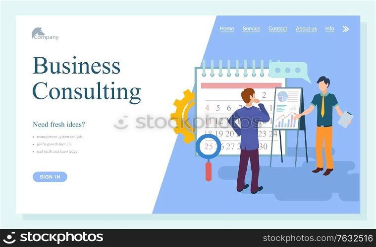 Business consulting webpage, researching strategy. Businessman cooperation, consultant and solution service, people communication technology vector. Website template, landing page online flat style. Researching Technology, Business Consulting Vector