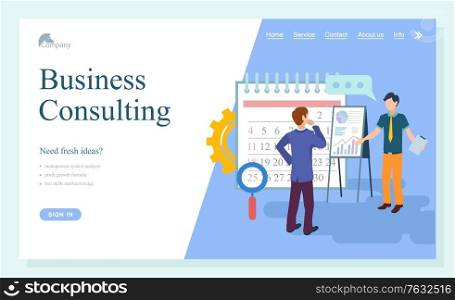 Business consulting webpage, researching strategy. Businessman cooperation, consultant and solution service, people communication technology vector. Website template, landing page online flat style. Researching Technology, Business Consulting Vector