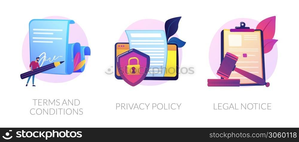 Business contract signing. Corporate document. Agreement checking. Data protection. Terms and conditions, privacy policy, legal notice metaphors. Vector isolated concept metaphor illustrations. Website menu bar vector concept metaphors.