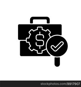 Business controlling black glyph icon. Managing different process in company. Changing procedures in business. Strong budget creation. Silhouette symbol on white space. Vector isolated illustration. Business controlling black glyph icon