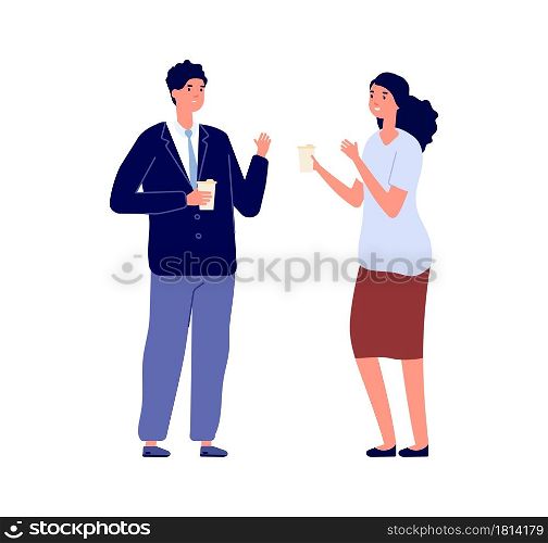 Business conversation. Businesspeople talking, man woman holding eco mugs. Manager on lunch or coffee break, isolated flat office workers vector characters. Illustration business conversation meeting. Business conversation. Businesspeople talking, man woman holding eco mugs. Manager on lunch or coffee break, isolated flat office workers vector characters