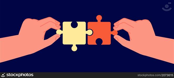 Business cooperation concept. Symbol connecting, puzzle pieces in two hands. Partnership collaboration teams, businessman partners utter vector metaphor. Illustration of cooperation and communication. Business cooperation concept. Symbol connecting, puzzle pieces in two hands. Partnership collaboration teams, businessman partners utter vector metaphor