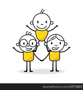 Business cooperation, friendship, teamwork. Hand drawn doodle character. Business concept with funny stickman. Vector stock illustration.