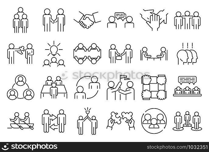 Business cooperation icons set. Outline set of business cooperation vector icons for web design isolated on white background. Business cooperation icons set, outline style