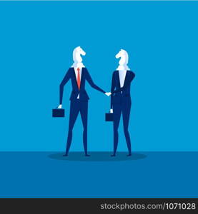 Business cooperation Vector. Two Businessmen Chess Horses Black shaking hand for join business to successful . Illustration