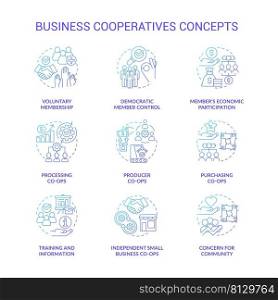 Business cooperatives blue gradient concept icons set.  Cooperative work idea thin line color illustrations. Voluntary membership. Isolated symbols. Roboto-Medium, Myriad Pro-Bold fonts used. Business cooperatives blue gradient concept icons set