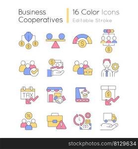 Business cooperatives RGB color icons set. E-commerce management. Sales operations. Isolated vector illustrations. Simple filled line drawings collection. Editable stroke. Quicksand-Light font used. Business cooperatives RGB color icons set