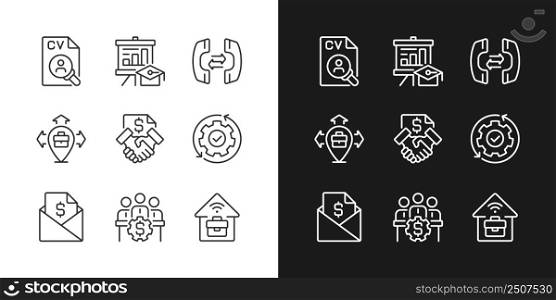 Business coordination pixel perfect linear icons set for dark, light mode. Thin line symbols for night, day theme. Isolated illustrations. Editable stroke. Montserrat Bold, Light fonts used. Business coordination pixel perfect linear icons set for dark, light mode