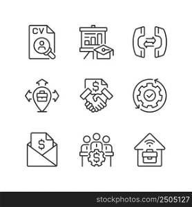 Business coordination pixel perfect linear icons set. Professional skills. Customizable thin line symbols. Isolated vector outline illustrations. Editable stroke. Montserrat Bold, Light fonts used. Business coordination pixel perfect linear icons set