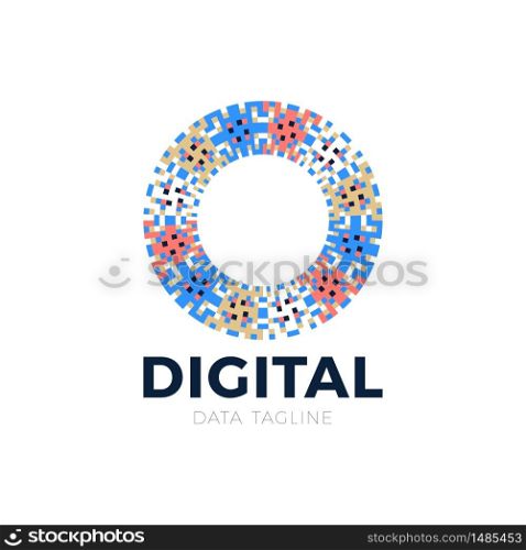 Business corporate letter O logo design vector. Colorful digital data pixels icon template for technology. Pixel logotype.
