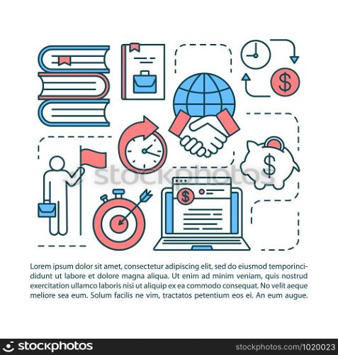 Business & corporate literature article page vector template. Brochure, magazine, booklet design element with linear icons. Financial goals achieving. Print design. Concept illustrations with text