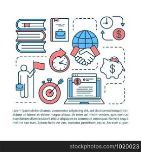 Business & corporate literature article page vector template. Brochure, magazine, booklet design element with linear icons. Financial goals achieving. Print design. Concept illustrations with text