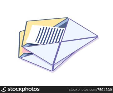 Business correspondence and exchanging of info vector. Message with text and data, open envelope isolated icon, flat style paper document, post office. Envelope with Message, Correspondence Information