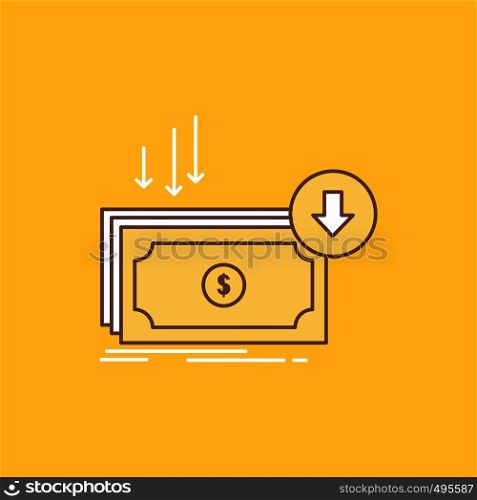 Business, cost, cut, expense, finance, money Flat Line Filled Icon. Beautiful Logo button over yellow background for UI and UX, website or mobile application. Vector EPS10 Abstract Template background