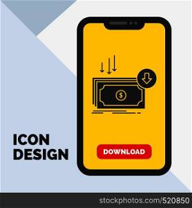Business, cost, cut, expense, finance, money Glyph Icon in Mobile for Download Page. Yellow Background. Vector EPS10 Abstract Template background