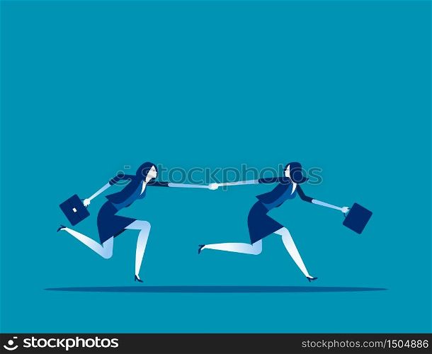 Business couple holding hands into success togetherness. Concept business vector illustration, Teamwork, Achievement, Goal.