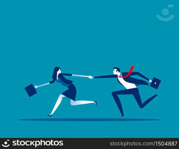 Business couple holding hands into success togetherness. Concept business vector illustration, Teamwork, Achievement, Goal.