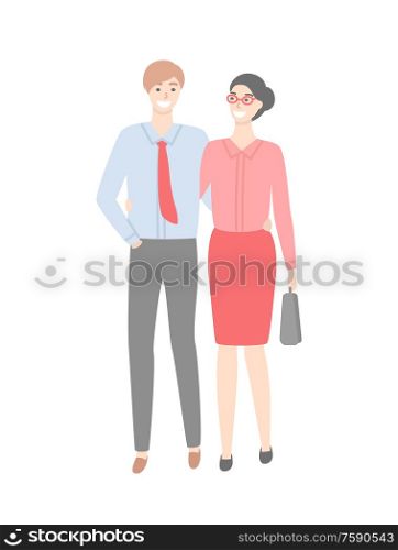 Business couple in strict cloth isolated. Vector male in shirt with tie and trousers and woman in red skirt and blouse, briefcase in hands. Married office workers. Business Couple in Strict Cloth Isolated. Vector