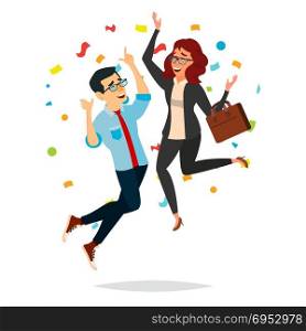 Business Couple Jumping Vector. Man And Woman. Entrepreneurship, Accomplishment. Best Worker, Achiever. Modern Office Employee, Manager Celebrating Success. Isolated Cartoon Character Illustration. Business Couple Jumping Vector. Man And Woman. Objective Attainment, Achievement. Best Worker, Achiever. Isolated Flat Cartoon Character Illustration