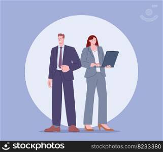 Business couple, partnership and start up entrepreneurs. Flat office man and woman wear suits. Successful happy business people vector characters of business couple illustration. Business couple, partnership and start up entrepreneurs. Flat office man and woman wear suits. Successful happy business people vector characters