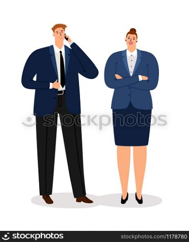 Business couple. Young executive businessman and professional satisfied businesswoman isolated on white background vector illustration. Business couple. Young executive businessman and professional satisfied businesswoman isolated on white background