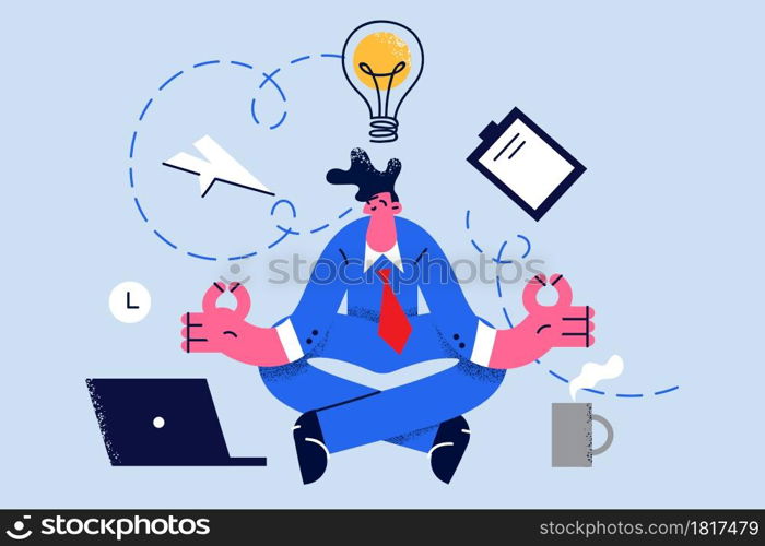Business Creativity and innovation concept. Young smiling businessman sitting meditating at laptop and having various business ideas in mind above vector illustration . Business Creativity and innovation concept.