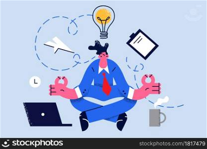 Business Creativity and innovation concept. Young smiling businessman sitting meditating at laptop and having various business ideas in mind above vector illustration . Business Creativity and innovation concept.
