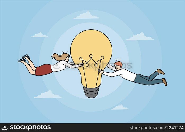 Business creativity and Teamwork concept. Young smiling partners colleagues teammates having great innovative idea reaching for success in business vector illustration . Business creativity and Teamwork concept