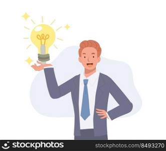 Business creativity concept. Businessman  with idea light bulb. Vector cartoon illustration.