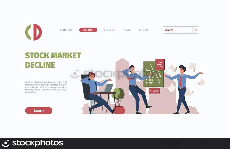 Business crises landing. Money recession problem broke economy investment crises garish vector landing page with place for text. Crisis of recession financial, bankruptcy in business illustration. Business crises landing. Money recession problem broke economy investment crises garish vector landing page with place for text