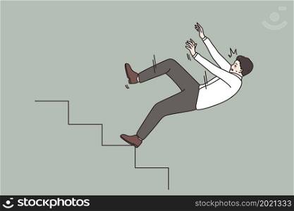 Business crisis and failure concept. Young stressed businessman manager falling down from ladder stairs feeling panic and fear vector illustration . Business crisis and failure concept