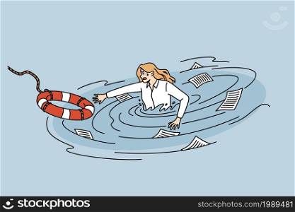 Business crisis and helping hand concept. Stressed business woman drowning in water of her business trying to reach for lifebuoy vector illustration . Business crisis and helping hand concept.
