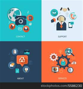 Business customer care service concept flat icons set of contact us support help desk phone call and website click for infographics design web elements vector illustration