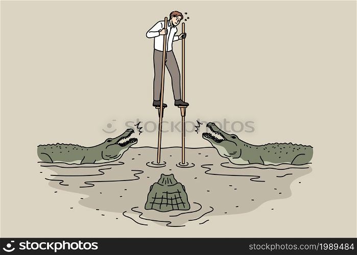 Business danger and challenge concept. Young stressed businessman walking on stilts over river full of crocodiles feeling dangerous vector illustration . Business danger and challenge concept
