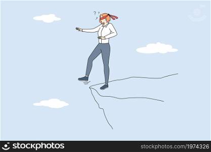 Business danger and confidence concept. Young stressed woman standing forward to abyss having eyes closed vector illustration . Business danger and confidence concept