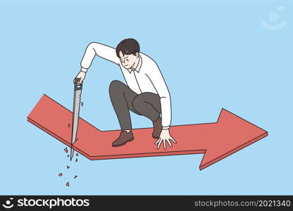 Business danger and risks concept. Young asian businessman sitting and cutting red arrow forward meaning dangerous situation for business vector illustration . Business danger and risks concept