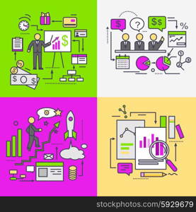 Business data analysis and planning startup. Market analytic, management development growth process financial progress, productivity innovation, growing, planning work. Thin, lines, outline flat icons