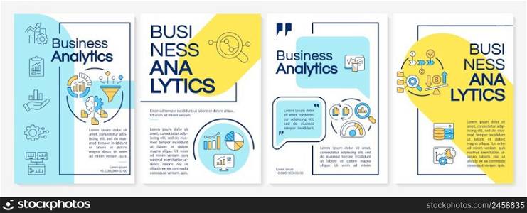 Business data analysis blue and yellow brochure template. Monitoring processes. Leaflet design with linear icons. 4 vector layouts for presentation, annual reports. Questrial, Lato-Regular fonts used. Business data analysis blue and yellow brochure template