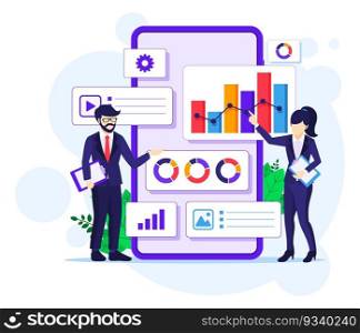 Business data analysis concept, People work in front of a big mobile phone. Auditing, Financial consulting flat vector illustration