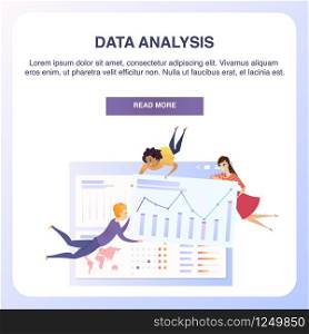 Business Data Analysis Grath Tablet Banner. Team Character Develop Marketing Strategy Chart Analyzing. Digital Statistic Presentation Concept for Landing Web Page Flat Vector Illustration. Business Data Analysis Grath Tablet Banner