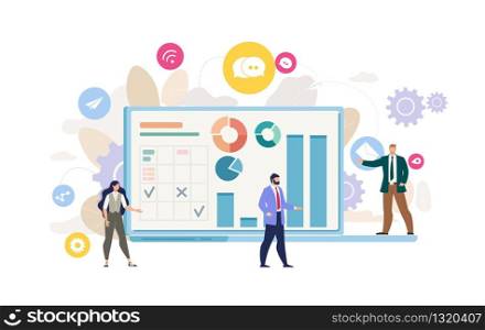 Business Data Analysis, Planning Company Strategy, Digital Marketing, Businesspeople Communication Flat Vector Concept. Businesswoman and Businessman near Laptop with Graphs on Screen Illustration