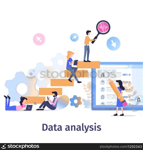 Business Data Analysis Teamwork Strategy Growth. Team Collect Social Media Information. Man Search Content with Magnifier. People Analyze Surveilance Result Flat Cartoon Vector Illustration