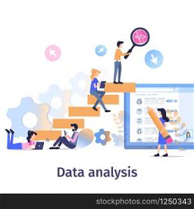 Business Data Analysis Teamwork Strategy Growth. Team Collect Social Media Information. Man Search Content with Magnifier. People Analyze Surveilance Result Flat Cartoon Vector Illustration